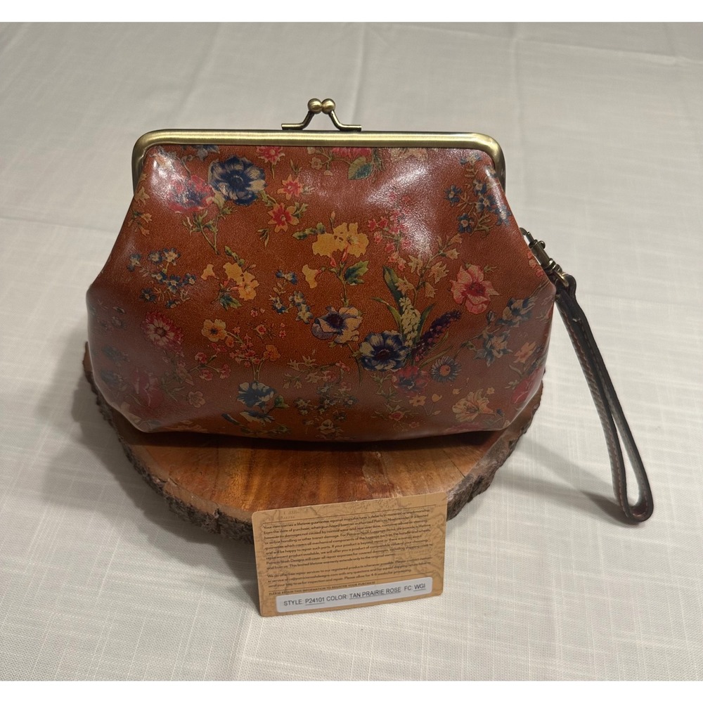 Patricia Nash P24101 Tan Prairie Rose Leather Kiss Lock Wristlet Clutch Floral - Picture 2 of 7